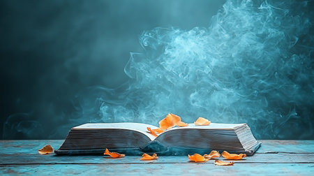Open book with orange petals and smoke on blue wooden background.の写真素材