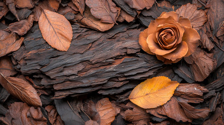 Fallen leaves and rose on bark as a background, top viewの写真素材