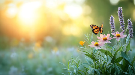 Butterfly on flower in the meadow at sunset. Nature backgroundの写真素材