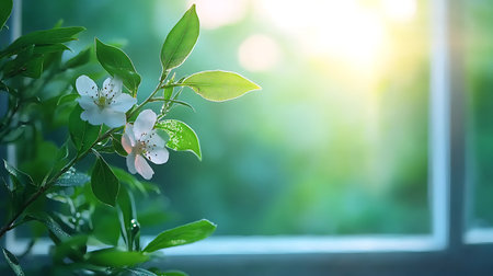 White jasmine flowers on the windowsill. Spring background.の写真素材