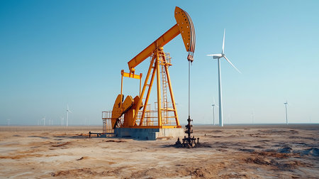 Oil pumps in the desert. Oil industry equipment. Energy generation and heavy industry.の写真素材