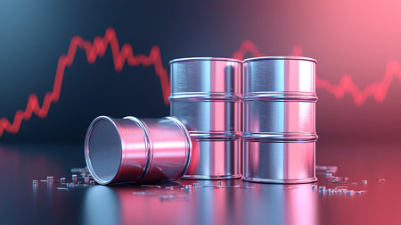 3D rendering of oil barrels in blue and pink background with red graphの写真素材