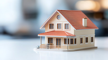 House model on white table with blurred background. Real estate concept.の写真素材