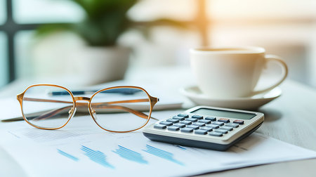 Close up of eyeglasses, calculator and coffee cup on table in officeの写真素材
