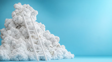Conceptual image with ladder leading to the top of a white cloudの写真素材