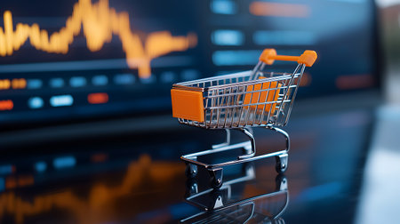 Shopping cart on the background of the stock market. The concept of online trading.の写真素材