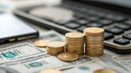 Stack of coins on the background of the dollar bills and a calculatorの写真素材