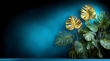 Tropical leaves monstera on blue background. 3d renderの写真素材