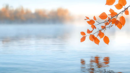 Autumn landscape with a lake and trees in the fog, soft focusの写真素材
