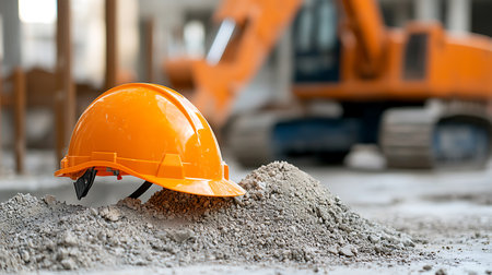 Orange hard hat and excavator at construction site. Construction concept.の写真素材