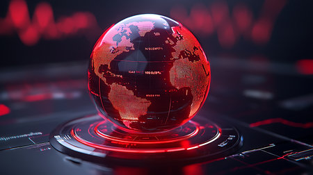 3d rendering of a red globe on a black background with a stock market graphの写真素材