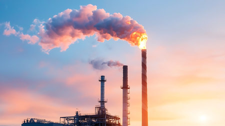 Industrial smoke from chimney of power plant with sunset sky backgroundの写真素材