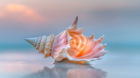 Beautiful seashell on the beach at sunset. 3d rendering