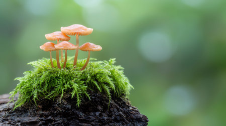 Mushroom in the forest with moss and bokeh backgroundの写真素材