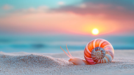 Nautilus shell on the beach with sunset background. Copy space.の写真素材