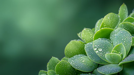 Close up of green succulent plant with water drops on blurred background
