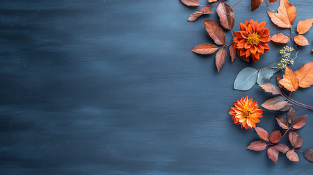 Autumn leaves and flowers on dark blue background with copy space.