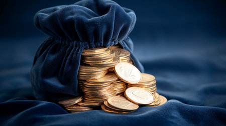 Stacks of gold coins in a bag on a blue background.の写真素材