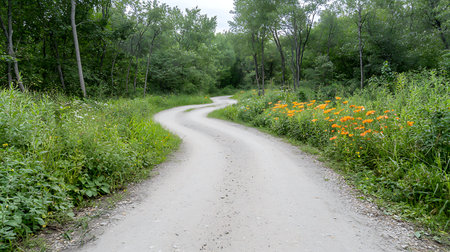 A dirt road in the woods with orange poppies in the foreground