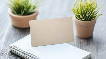 Blank business card with notebook and plant on wooden table background.の写真素材