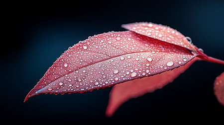 Red leaf with water drops on a black background. Shallow depth of fieldの写真素材