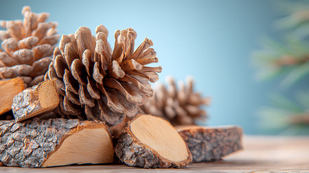 Pine cones on a wooden table. Christmas or New Year background.の写真素材