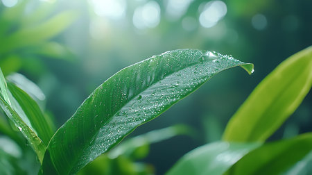 Close up of green leaf with water droplets. Nature background.