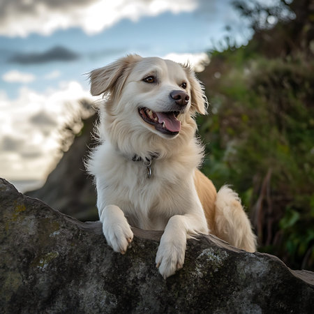 Portrait of a beautiful golden retriever dog sitting on a stone