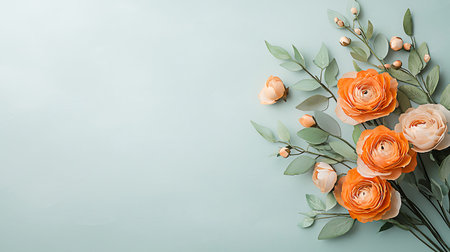 Flowers composition. Eucalyptus branches, orange ranunculus flowers on pastel blue background. Flat...