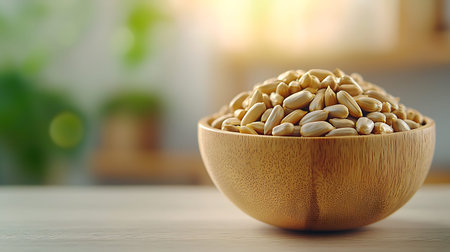 Wooden bowl with sunflower seeds on blurred background, closeup