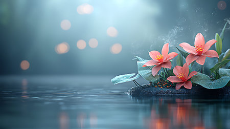 3d rendering of beautiful flowers on water surface with bokeh background