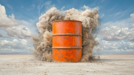 3d rendering of an orange oil barrel in the desert with cloudsの写真素材