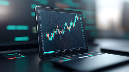 Stock market graph on the screen of a laptop. 3d renderingの写真素材