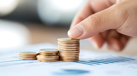 Close-up of businesswoman hand putting coin to stack of coins
