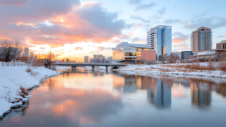 Sunset over the river in the cityの写真素材