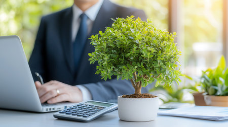 Businessman working with laptop computer and plant in pot on desk.の写真素材