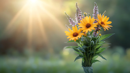 bouquet of yellow flowers on a background of green grass and sunlightの写真素材
