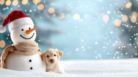 Snowman with dog on winter background. Merry Christmas and Happy New Yearの写真素材