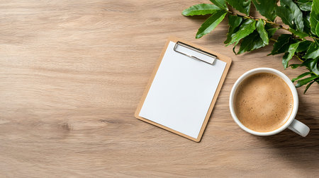Blank clipboard with coffee cup on wooden table. Top view with copy space
