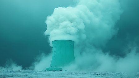 Nuclear power plant with smoke in the sky. 3d renderingの写真素材