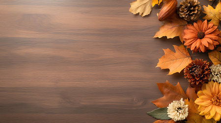 Autumn leaves on wooden background with copy space. Top view.の写真素材