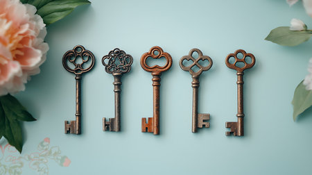 Vintage keys on blue background with peony flowers, copy spaceの写真素材