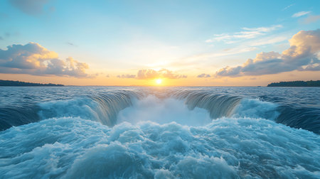 Sea wave at sunset, panoramic view from the boat.の写真素材