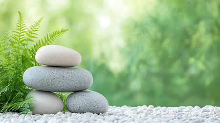 Stack of spa stones and green fern on white pebbles backgroundの写真素材