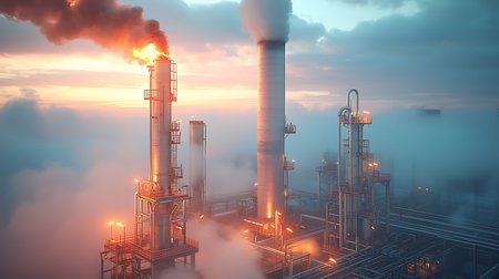 Oil refinery in the fog. The concept of environmental pollution. 3d renderingの写真素材