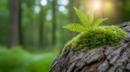 Green fern growing on old tree trunk in forest. Nature backgroundの写真素材