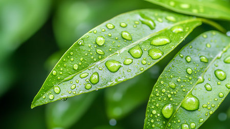 Green leaf with water droplets, close up. Nature background.