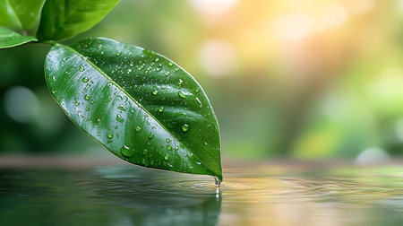 Water drop on green leaf with bokeh background, Nature conceptの写真素材