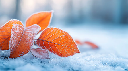 Autumn leaves covered with hoarfrost on snowy background, shallow depth of fieldの写真素材