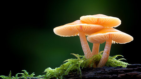 Mushroom in the rain forest with green moss on black background